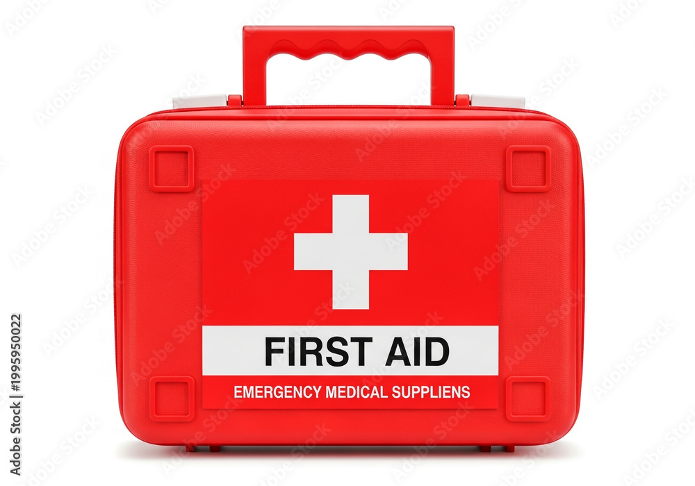 Fototapeta premium Red first aid kit with white cross and text for emergency medical supplies