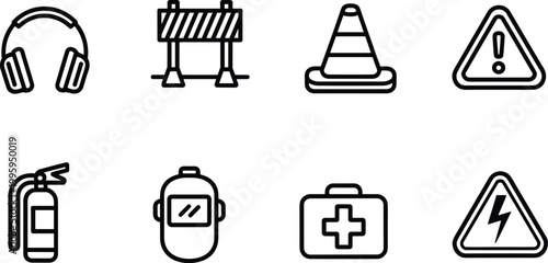 Safety equipment icons set, warning protection emergency symbols vector illustration collection design