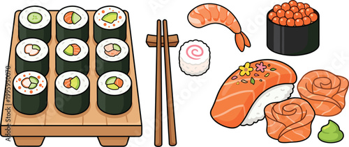 Sushi Set Vector Illustration with Maki Rolls, Nigiri, Salmon, Shrimp, Roe and Chopsticks for Japanese Cuisine, Restaurant Menu and Food Design