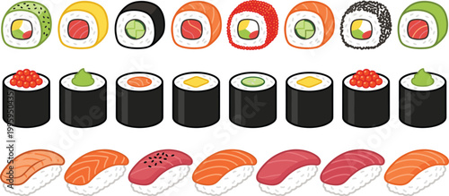 Japanese Sushi Collection Vector with Nigiri, Maki Rolls, Salmon, Tuna, Roe and Assorted Seafood Pieces for Restaurant Menu and Asian Food Design
