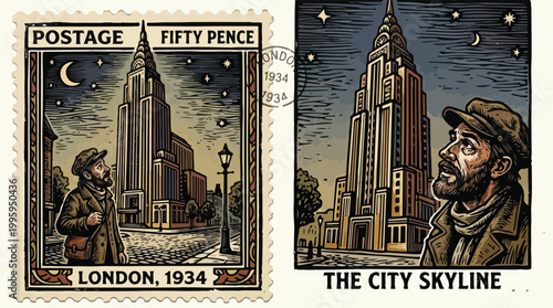 Man looks up at skyscraper.