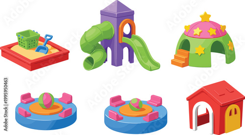 Kids playground equipment set with slides, sandbox, carousel, and playhouse illustrating children outdoor activities, fun entertainment, and colorful park recreation vector illustration