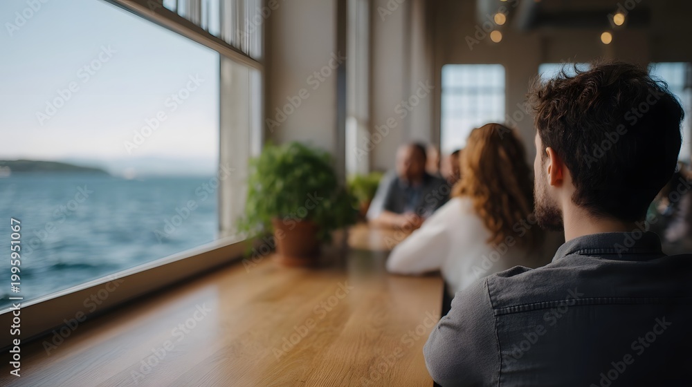 Fototapeta premium A professional group discussing ideas at a wooden table by a large window overlooking a calm ocean view