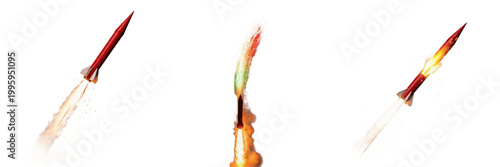 Foto Set of Powerful Military Rockets and Missiles Launching with Bright Fire and Smo