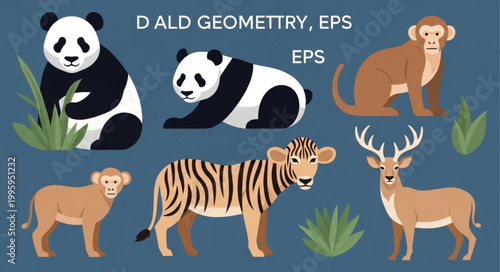 Collection of Cute Cartoon Animals Including Panda Monkey Zebra Deer.