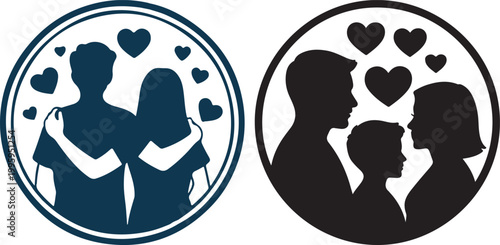 Circular badge-style silhouette with cousin figures and heart elements