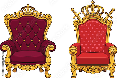 Royal Throne Chair Vector Illustration Set with Ornate Golden Details, Red Velvet Upholstery, Crown Decorations and Luxury Furniture Design for King and Queen Concepts