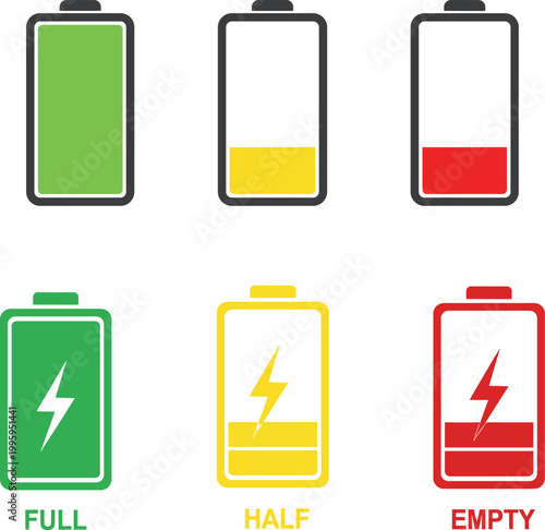 A visual representation of battery charge levels displaying full half and empty states with corresponding color indicators high quality professional detailed modern elegant