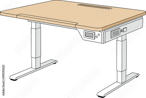 A digitally illustrated adjustable height standing desk featuring a light wood tabletop and a white control panel high quality professional detailed modern elegant