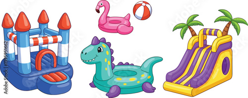 Inflatable bouncy castle, water slide, and pool floats set illustrating kids summer fun, outdoor entertainment, amusement activities, and colorful recreation vector illustration