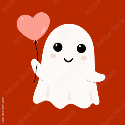 Cute ghost holding heart balloon sweet romantic spooky character illustration