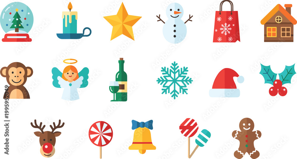 Fototapeta premium Christmas Holiday Icon Set Featuring Snowman, Santa Hat, Reindeer, Gingerbread, Candy, Tree, Star, and Festive Winter Celebration Elements for Design.