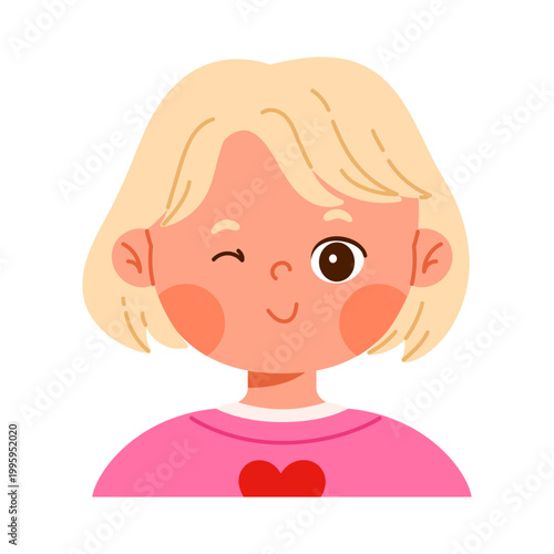 Cute smiling blonde girl character winking. Playful facial expression. Friendly child avatar with positive emotion. Kid apps and emotion education concept. Isolated vector illustration