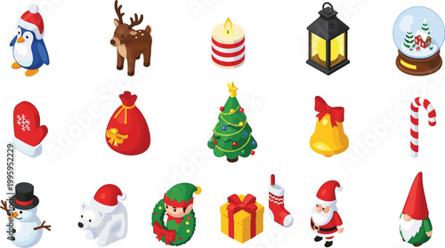 Christmas Holiday Icon Set Featuring Santa, Snowman, Reindeer, Penguin, Tree, Gifts, Candy Cane and Festive Winter Celebration Elements for Design.