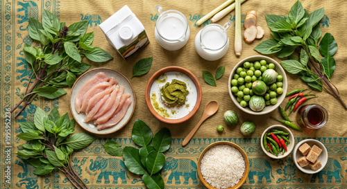 Hyper-realistic top down view of Green Curry ingredients on Thai silk
