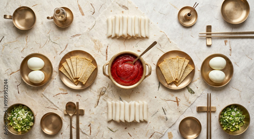Top down view of Tteokbokki ingredients on traditional Korean Hanji paper