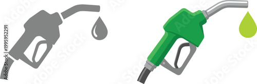 Fuel Pump Icon Set with Traditional and Eco-Friendly Green Fuel Nozzles for Gas Stations and Environmental Designs