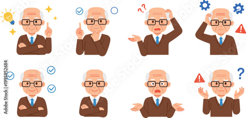 Cartoon Elderly Man Character with Various Expressions Including Ideas Confusion and Warnings with Icons for Emotional Reactions and Problem-Solving in Digital Media Designs