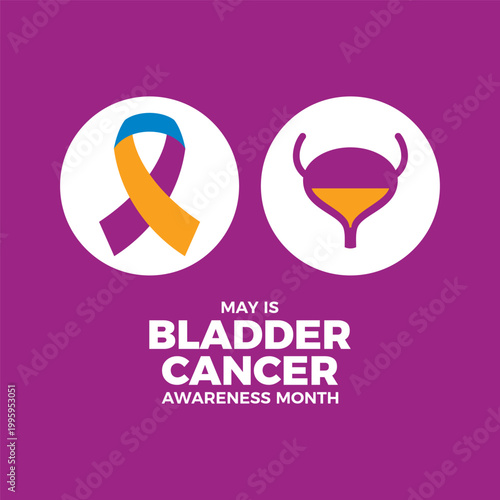 May is Bladder Cancer Awareness Month poster vector illustration. Purple, yellow, blue cancer awareness ribbon and urinary bladder icon set. Template for background, banner, card. Important day