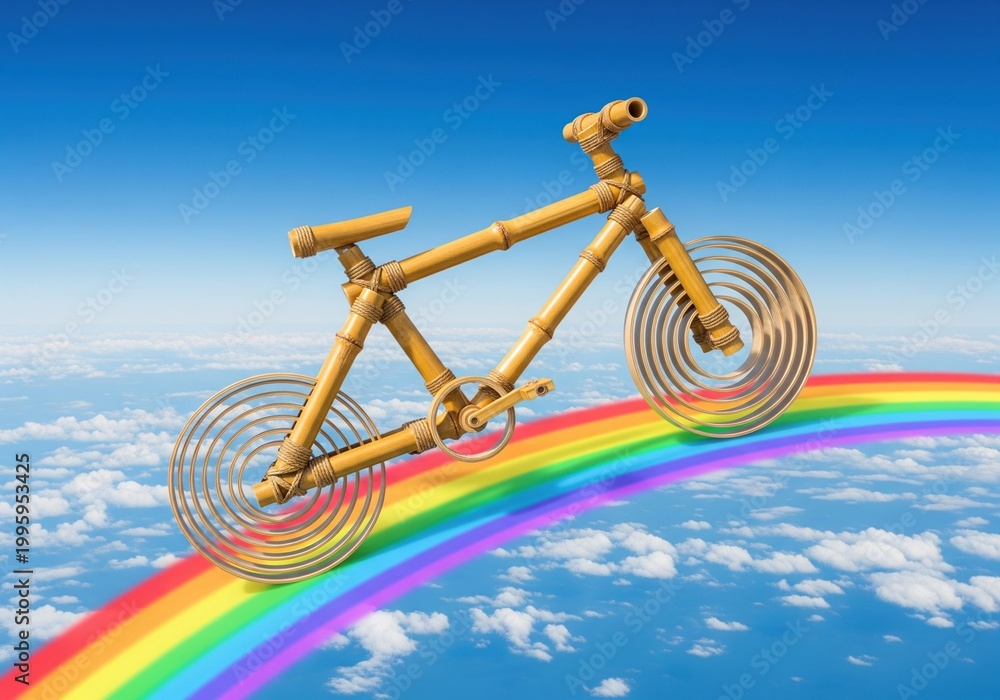 Fototapeta premium Creative handmade bamboo bicycle resting on bright colorful rainbow above clouds in blue sky