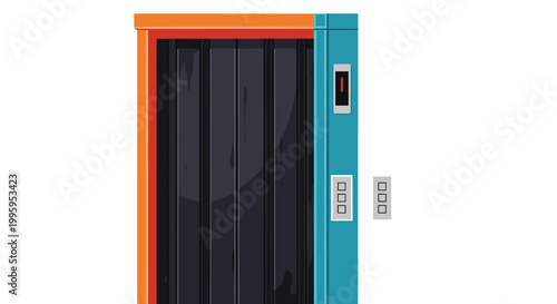 Stylized illustration of a modern elevator entrance features dark sliding doors set in a colorful orange and bright blue frame.