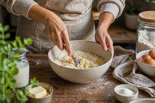 Close-up of hands mixing ingredients in bowl, home cooking concept, rustic kitchen, natural light, warm and authentic lifestyle scene.