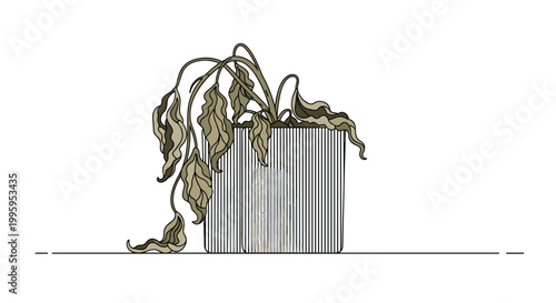 Potted plant with drooping brown and dried leaves is shown as a symbol of neglect, drought, or the end of a seasonal life cycle.