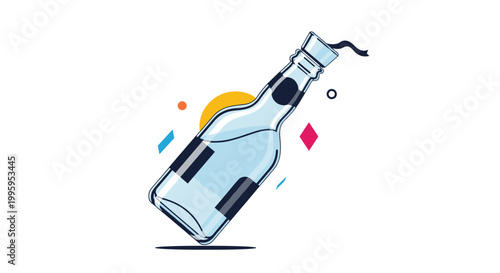 Stylized illustration of a glass bottle with a flaming rag wick known as a molotov cocktail is surrounded by abstract shapes.