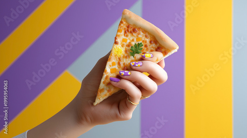 Hand holding a slice of pizza topped with cheese and a sprig of parsley against a colorful geometric background of purple and yellow hues