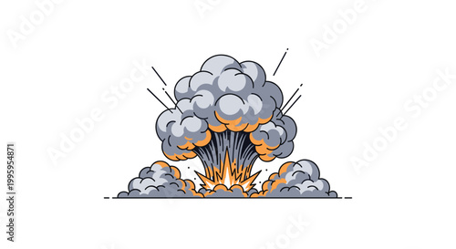 Dynamic cartoon explosion with thick gray smoke and orange fire clouds representing power and impact for comic book art projects.