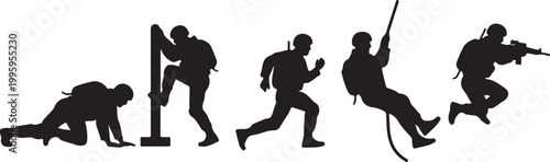 Silhouette of soldiers in various combat positions