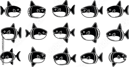 Photos Collection of fifteen black and white cartoon sunfish in various poses mola ocea