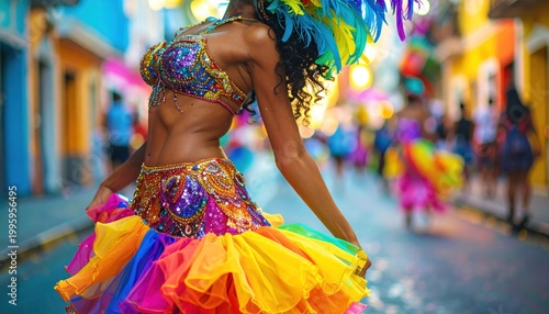 Vibrant dancer in a colorful costume, celebrating in a festive street parade during a lively cultural festival