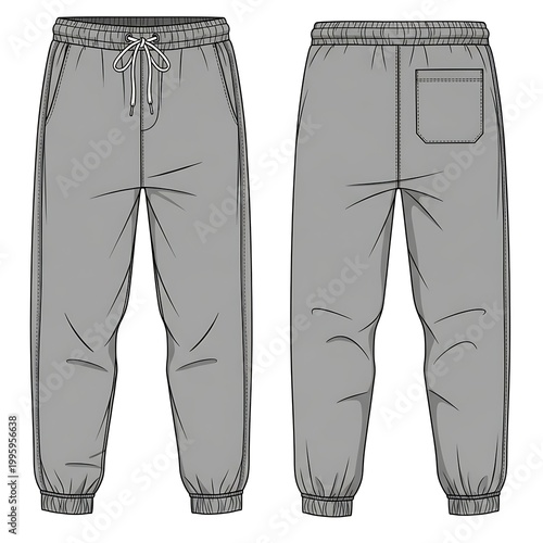 Gray Sweatpants Front and Back View Fashion Illustration.