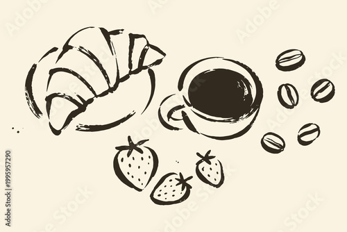 Coffee and croissant breakfast ink sketch vector illustration