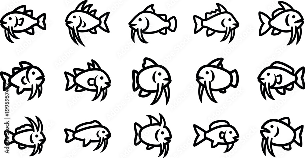 Ταπετσαρία Collection of fifteen stylized black and white fish with varied fin and whisker
