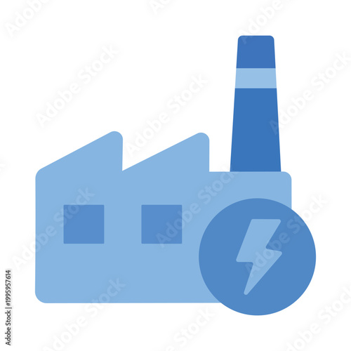 A blue factory building with a lightning bolt
