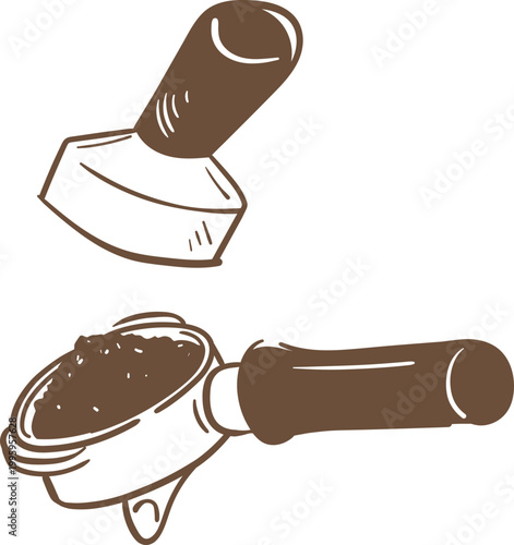 portafilter and coffee tamper doodle line art