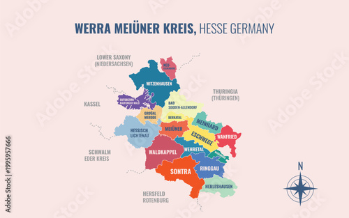 A map showing Werra MeiÜner Kreis HE Kreise into Gemeinden in a minimalist colorful style