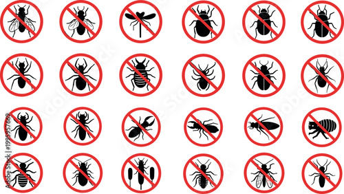 No insects allowed prohibition signs vector set with bugs pests warning icons isolated flat illustration collection for pest control