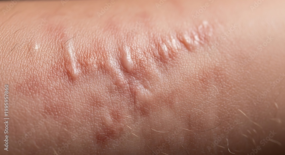 Fototapeta premium Close up of a keloid scar on human skin showing raised texture and redness.