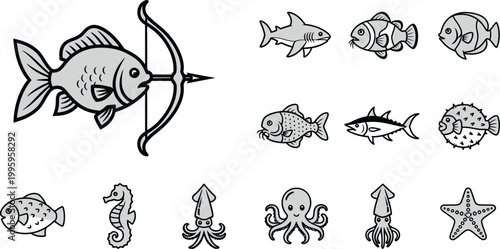 Collection of stylized marine life including fish, octopus, squid, seahorse, and starfish shark clownfish
