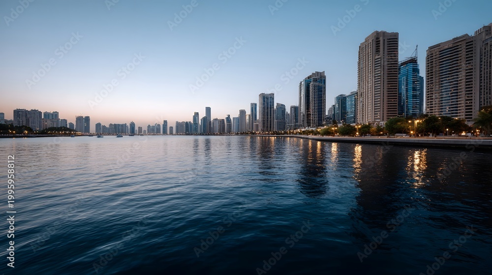 Fototapeta premium A modern urban skyline viewed across calm waters at twilight featuring towering structures against a tranquil evening sky