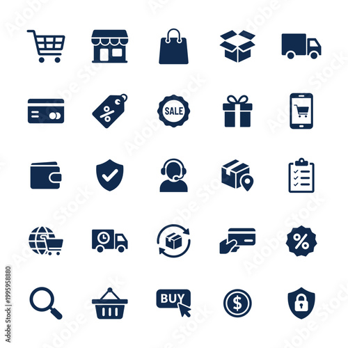 E-commerce Icon Set, 20 Solid Icons, Online Shopping, Delivery, Payment, UI Vector Pack
