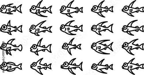 Simple black line of fish swimming in a pattern on white background, line black and, white repetition