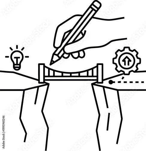 Hand bridge over chasm with lightbulb idea and gear progress pencil