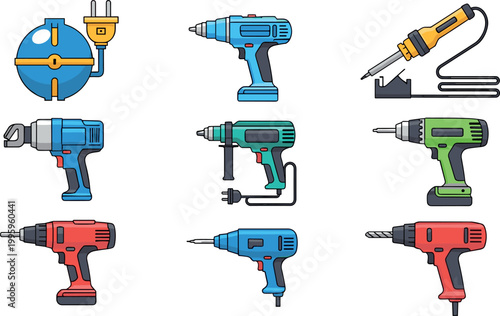 Power tools vector set featuring electric drills soldering iron grinder and cordless equipment flat workshop repair icons collection