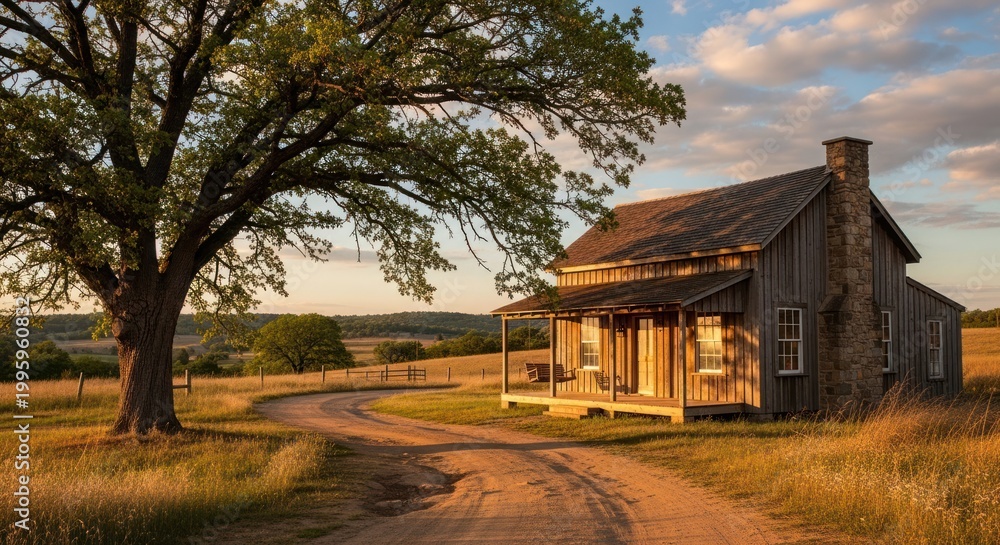 Fototapeta premium Rustic wooden cabin in a scenic landscape at sunset with a winding dirt road.