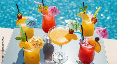 Vibrant Tropical Cocktails by the Poolside on a Sunny Day.