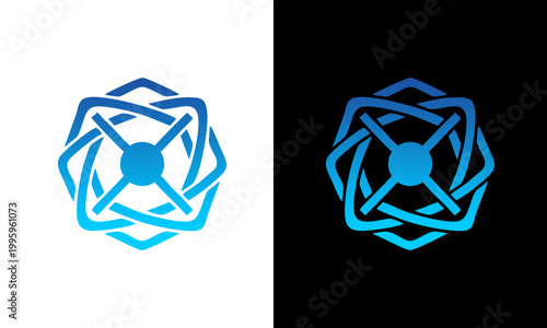 Abstract logo design with geometric shapes on white and black backgrounds